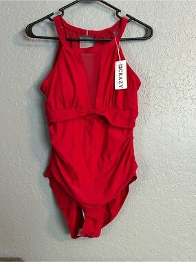 Red High-Neck One-Piece Swimsuit with Front Knot
